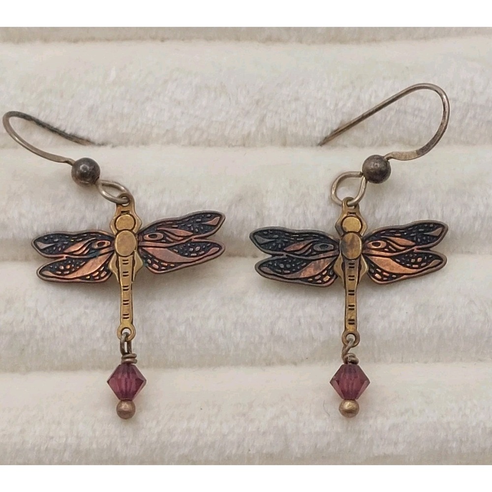 1990s Dangle Earrings Copper Dragonfly Purple Crystal Boho Nature Vintage Artsy